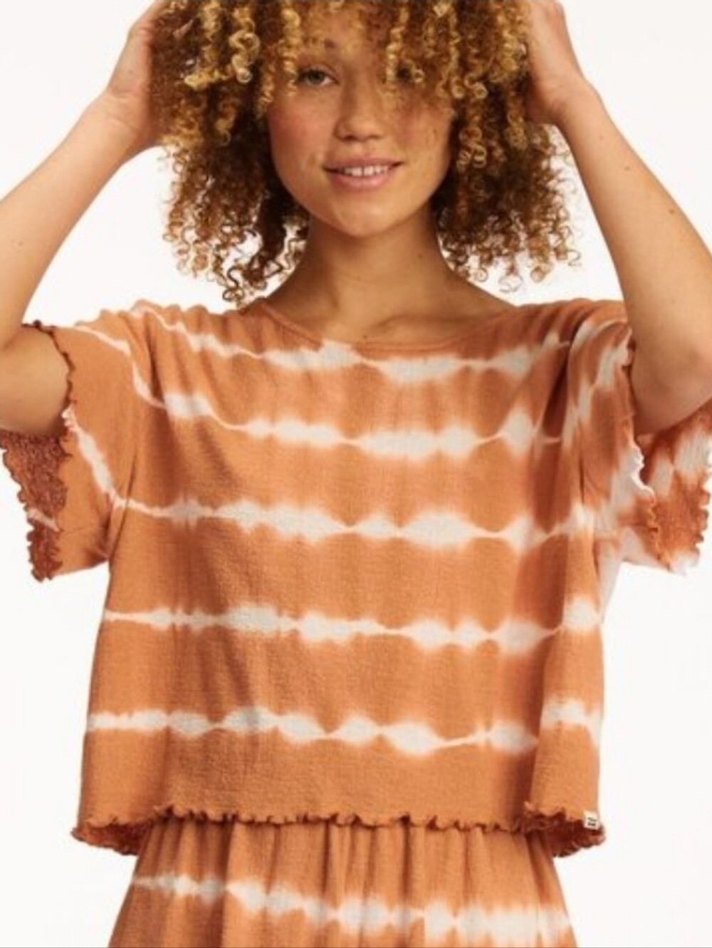 Billabong "Breeze By" Boxy-cut Cropped Tie-dye Stripe Top, Terracotta/cream, S